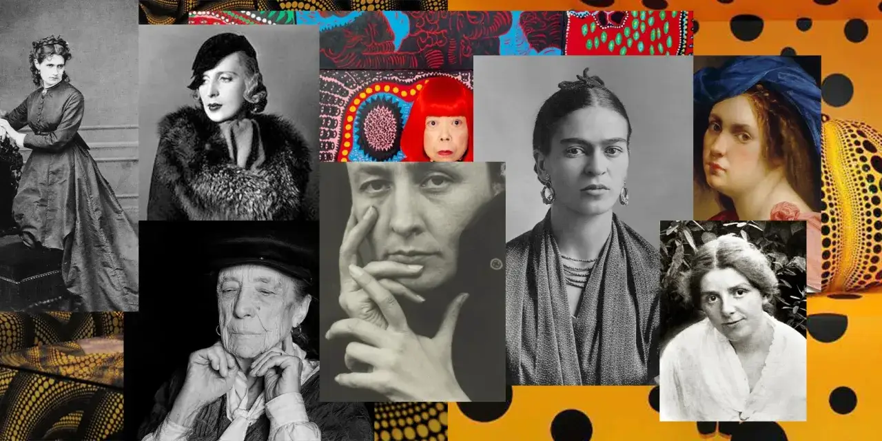 Collage berühmter Künstlerinnen: Frida Kahlo, Yayoi Kusama und andere inspirierende Frauen.