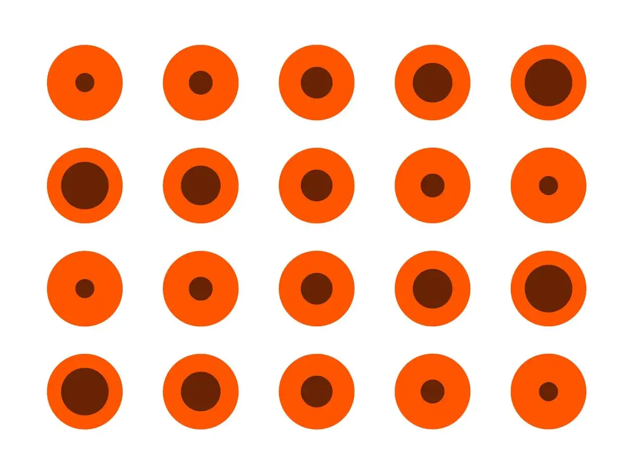 Reihe von Kreisen in Orange mit braunen Zentren, die verschiedene grafische Muster bilden.