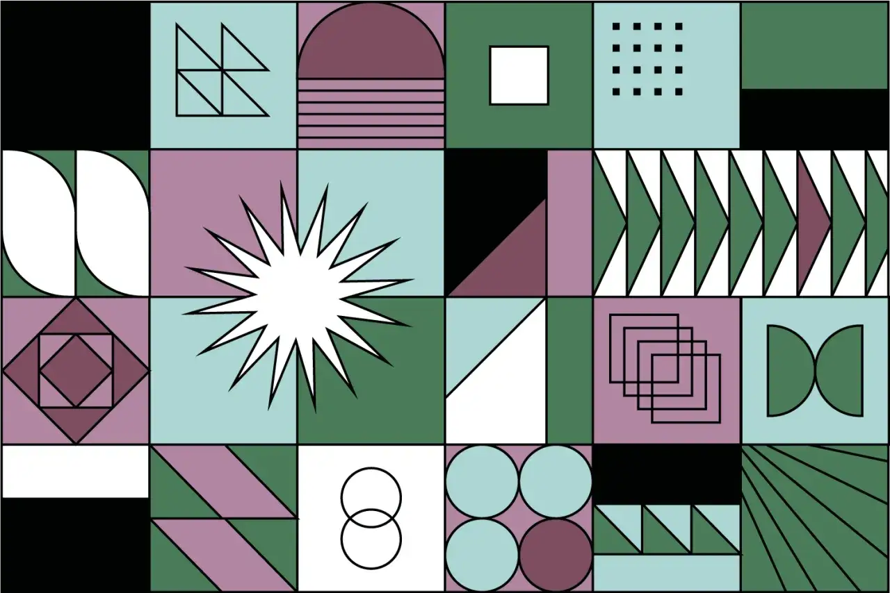 Abstrakte geometrische Formen in Pastelltönen, die verschiedene layout design principles wie Symmetrie und Wiederholung demonstrieren.