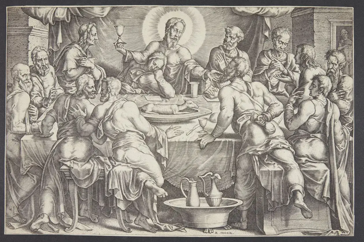 Das letzte Abendmahl: Jesus mit Jüngern am Tisch. Judas, erkennbar an der Geldtasche, ist im Schatten.
