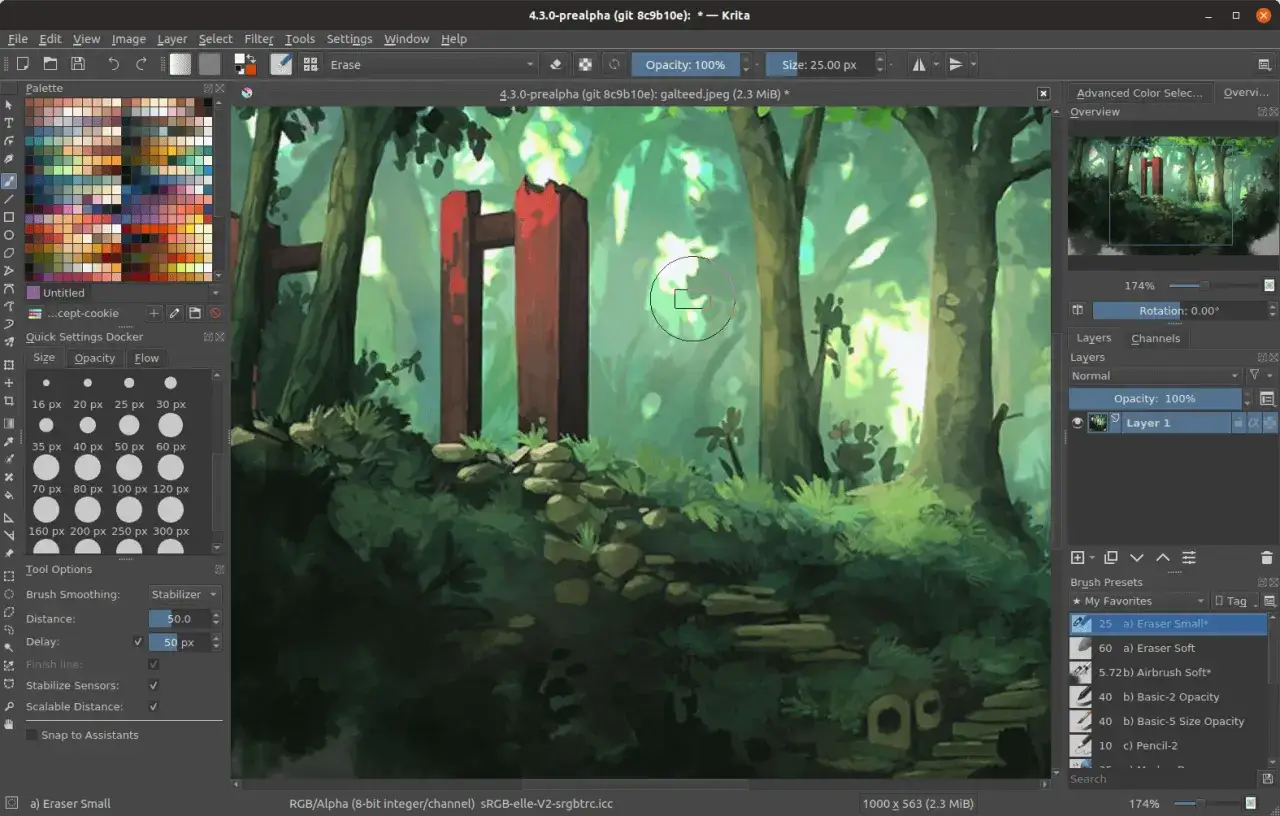 Krita-Animationsprogramm zeigt eine Waldszene mit roten Toren. Werkzeuge und Ebenen sind sichtbar.