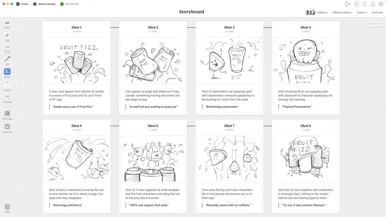 Storyboard mit 8 Szenen, die die Entstehung und den Genuss von
