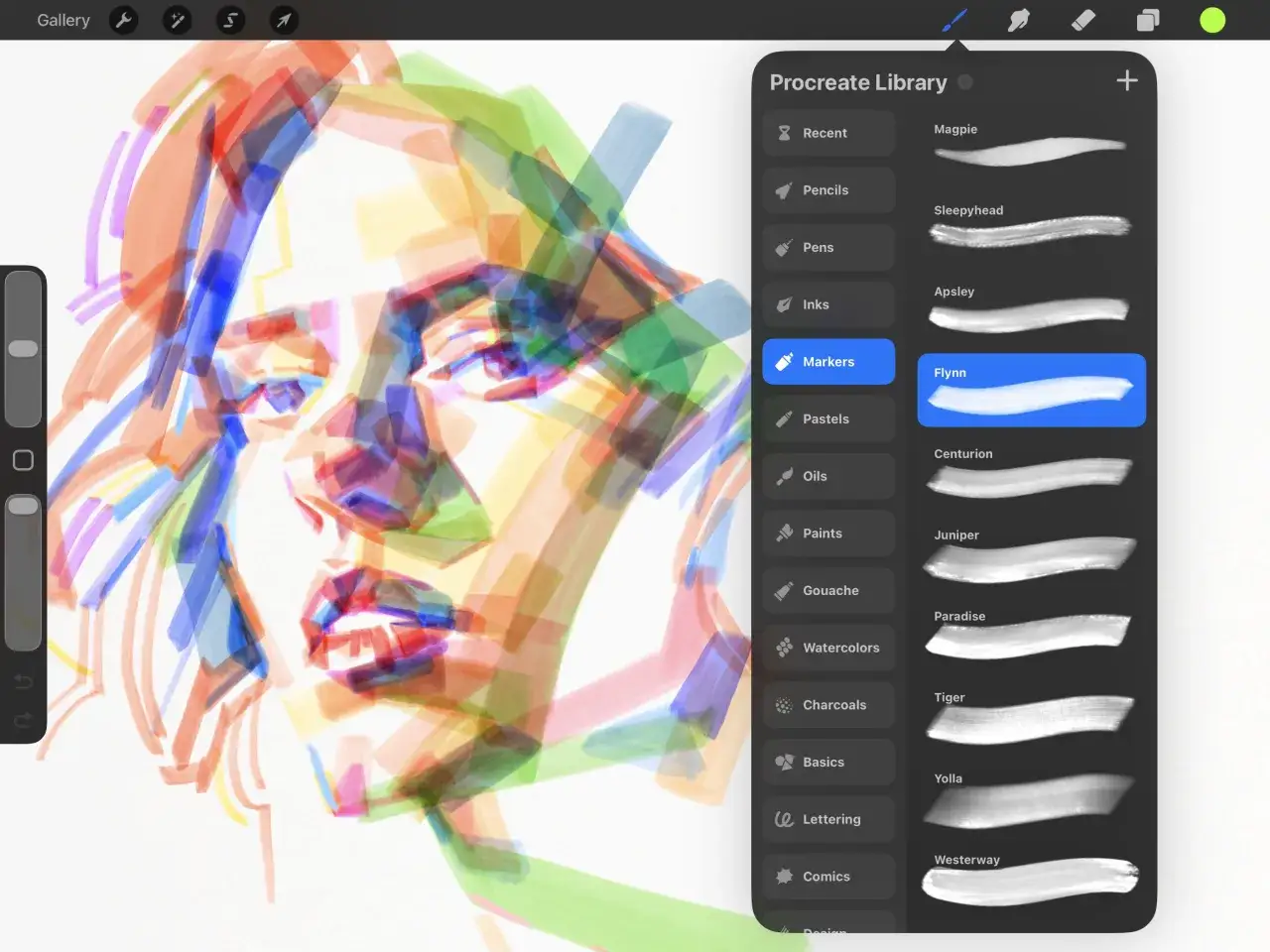 Digitale Kunst mit Procreate: Bunte Skizze eines Gesichts, daneben die Pinselbibliothek mit der Auswahl