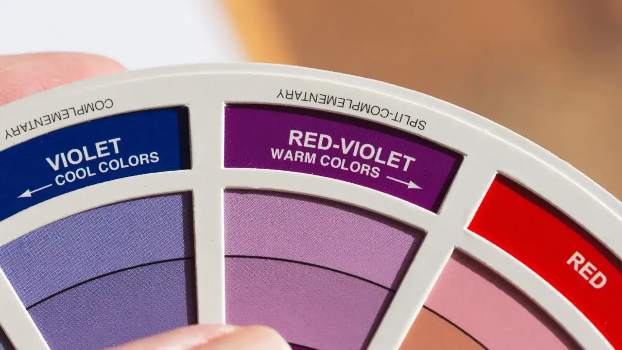Farbkreis zeigt Violett (kühle Farben) und Rot-Violett (warme Farben) – ein Einblick in die Farbenlehre.