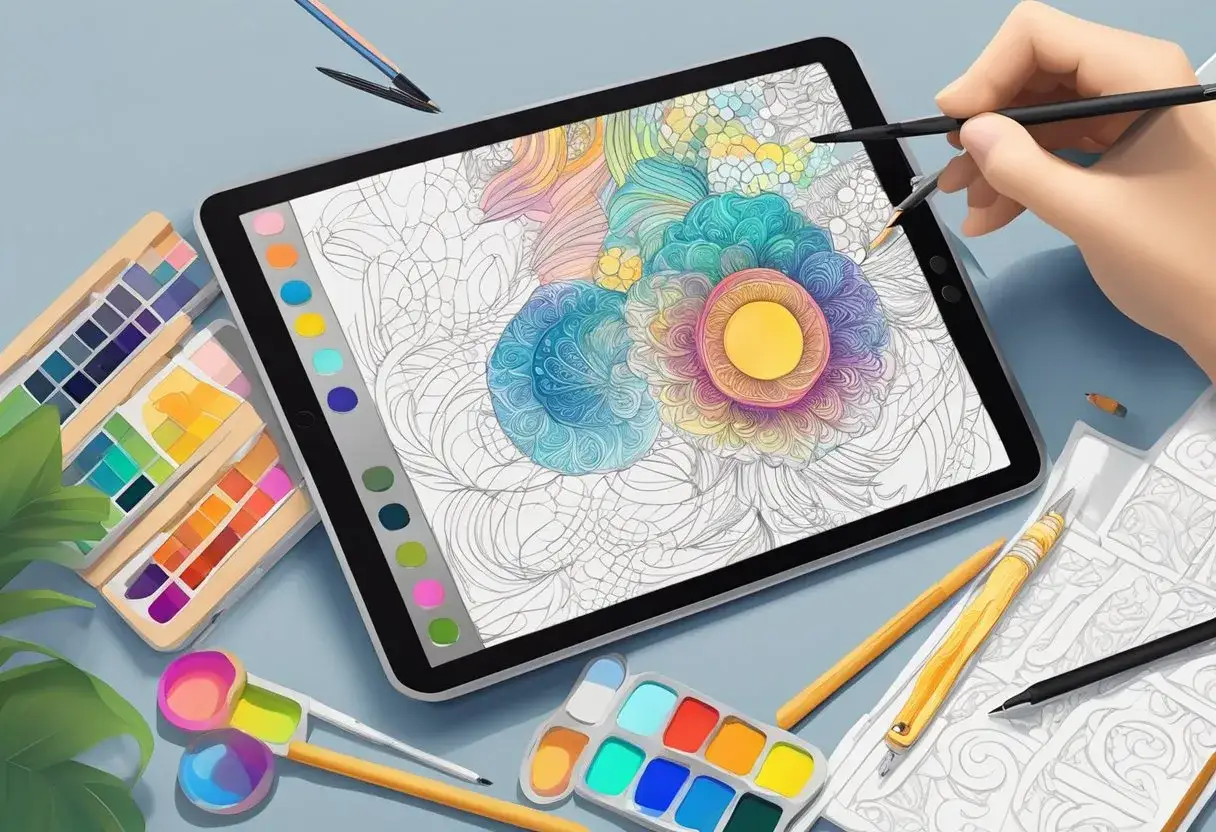 Digitale Kunstwerke entstehen: Buntpaletten, Stifte und ein Tablet laden zum Design lernen ein.