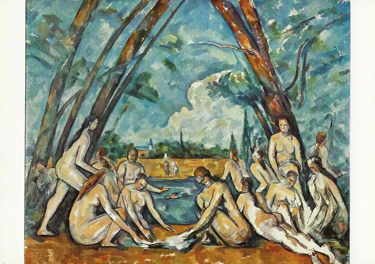 Die großen Badenden ruhen am Ufer eines Sees unter Bäumen. Im Hintergrund sind Figuren zu Pferd und eine Stadt zu sehen.