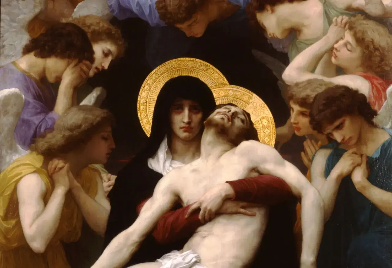Eine Pietà: Maria hält den toten Jesus, umgeben von trauernden Engeln.
