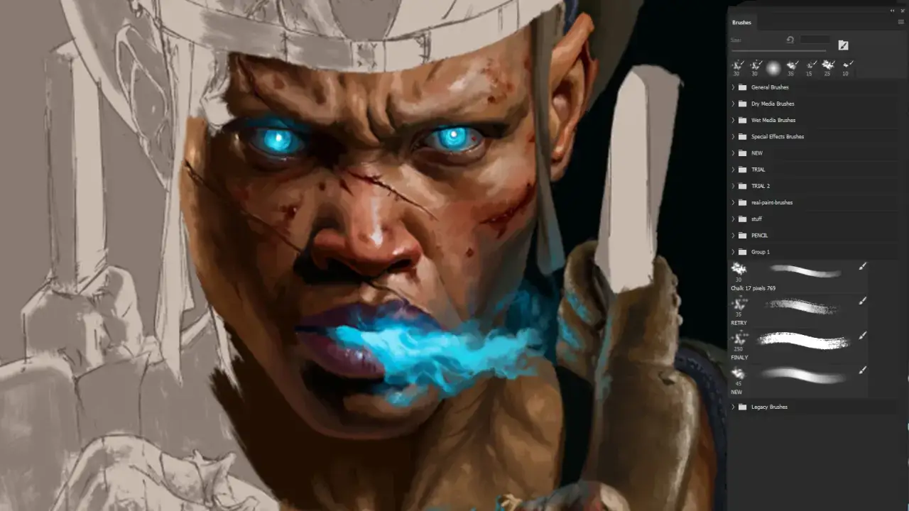 Nahaufnahme einer Illustration, die eine Frau mit leuchtend blauen Augen und blauem Rauch aus dem Mund zeigt. Der Künstler beginnt, die Figur zu zeichnen.