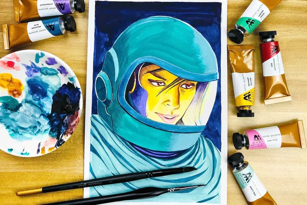 Ein Astronaut im Helm, gemalt mit leuchtenden Farben. Der duktus kunst zeigt die intensive Auseinandersetzung mit Licht und Schatten.