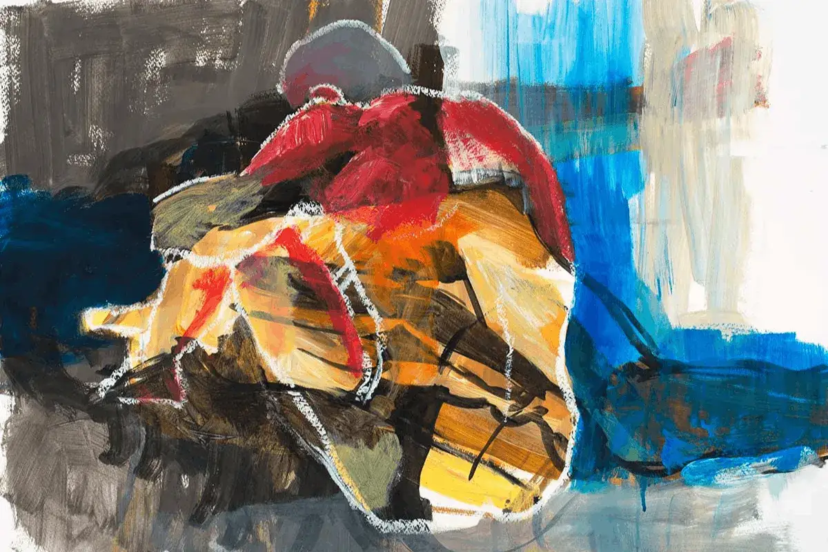 Abstrakte Darstellung einer Person in Rot und Gelb, umgeben von dunklen und blauen Farbtönen. Ein Beispiel für einen expressiven Duktus.