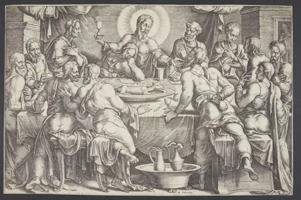 Das letzte Abendmahl: Jesus mit Jüngern am Tisch. Judas, erkennbar an der Geldtasche, ist im Schatten.